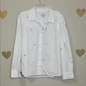 White Blouse with Structured Collar and Long Sleeves Pearl and rhinestone